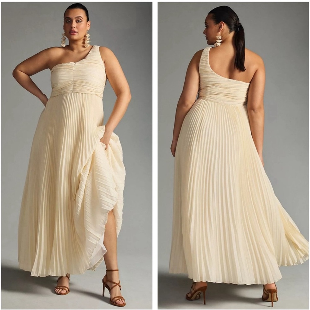 Anthropologie Elegant Cream One-Shoulder Pleated Dress 1X